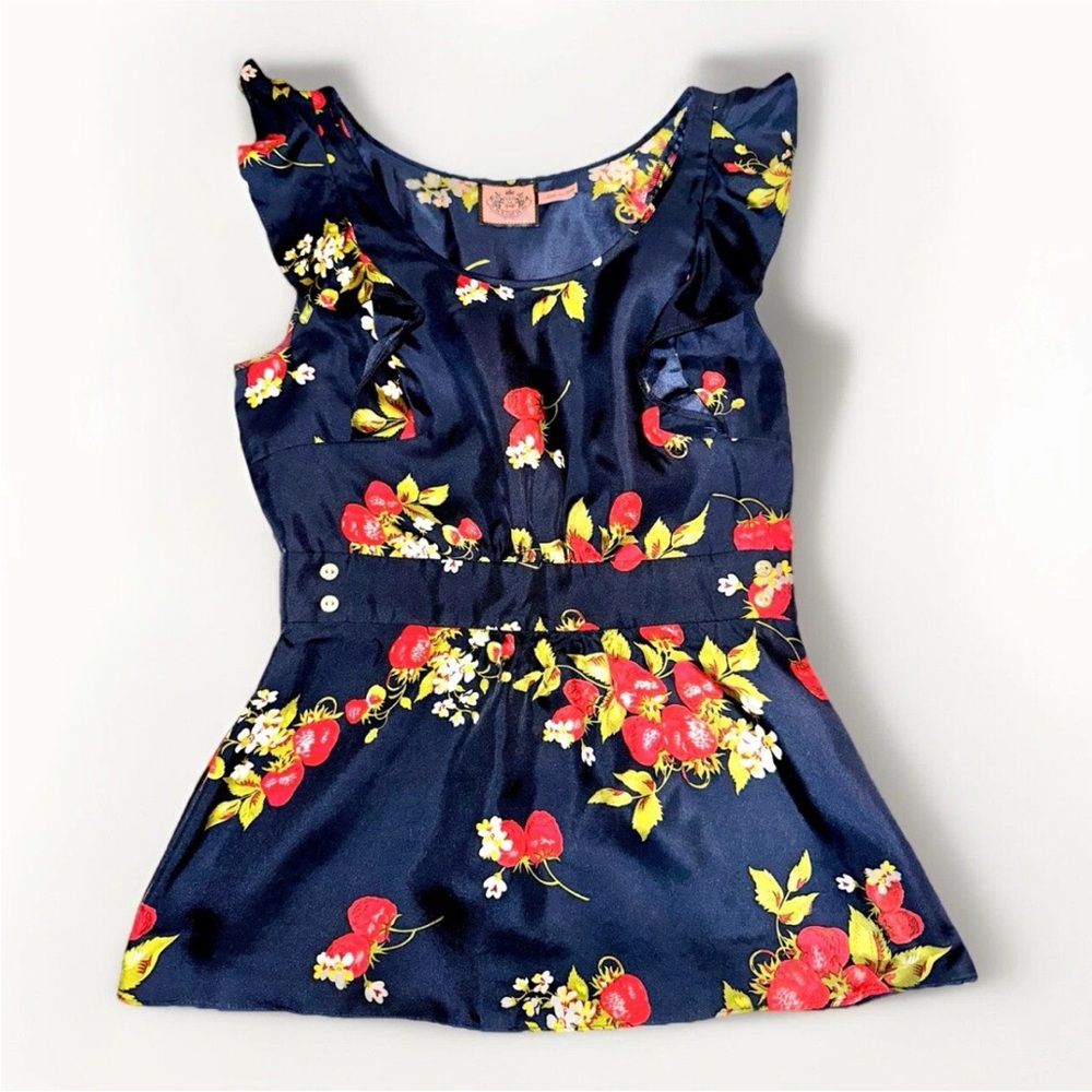 Vintage Juicy Couture Strawberry Blossom Navy‎ Sleeveless Blouse Women's Size 2
